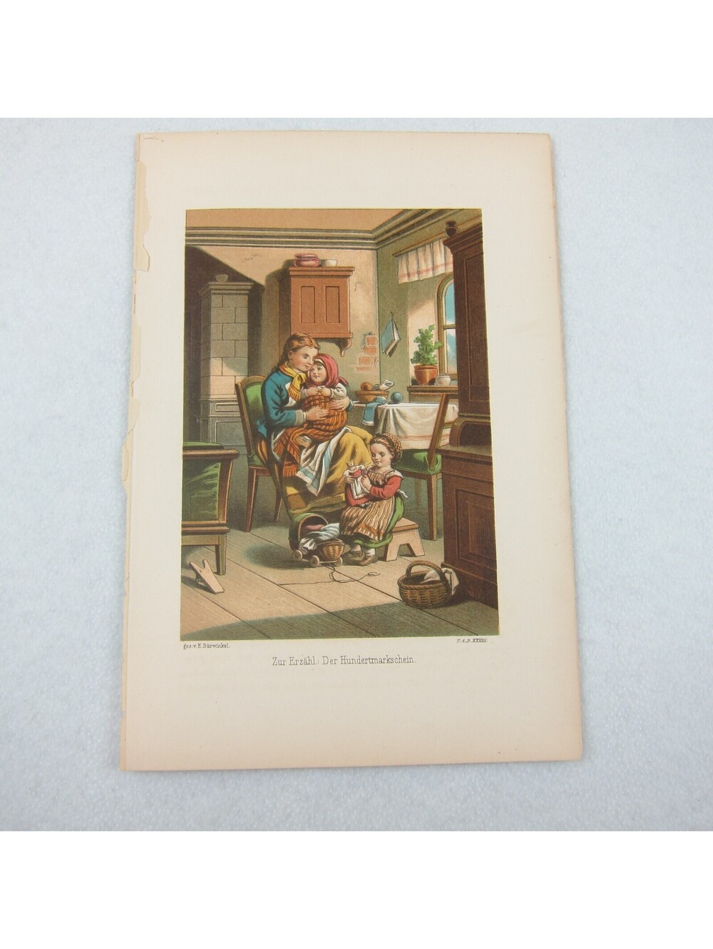 Antique Color Lithograph Print Mother Holds Baby Girl Plays Doll 1800s Art RARE